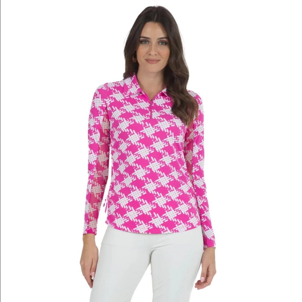 Ibkul Kimberly Print Long Sleeve Polo Quarter Zip in Pink/White Houndstooth